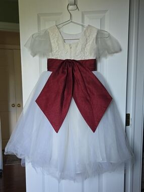 Ivory Tulle Dress with Deep Red Sash and Bow Flowrr Gril Dress